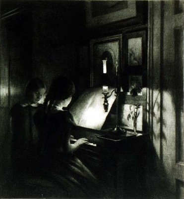 Jentene ved pianoet (mezzotint) av Peter Vilhelm Ilsted