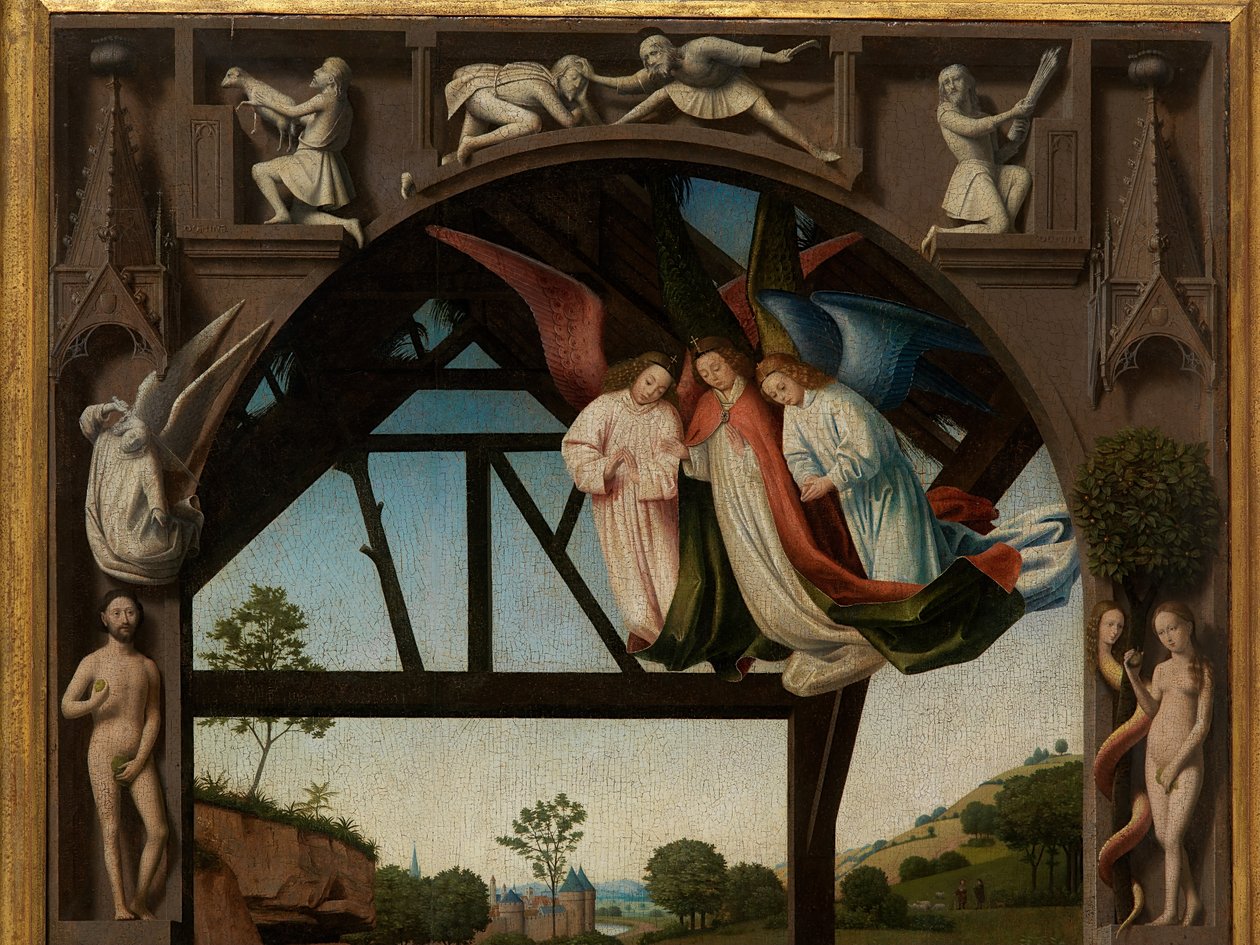 Detalj av tilbedelse av Kristus-barnet av Petrus Christus