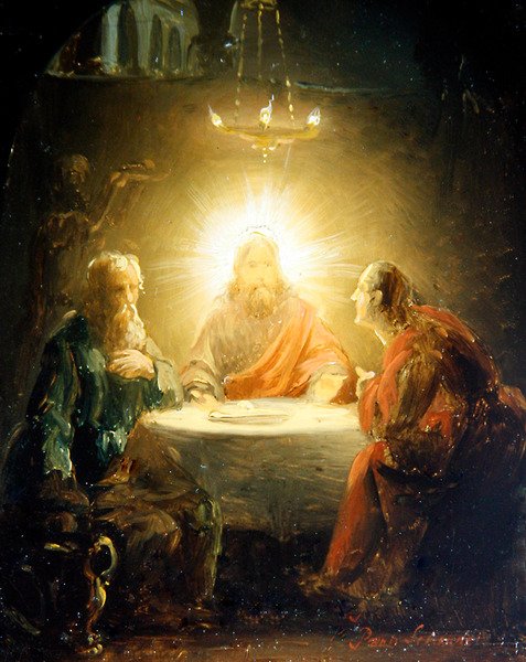 Kristus bryter brød (olje på panel) av Petrus van Schendel