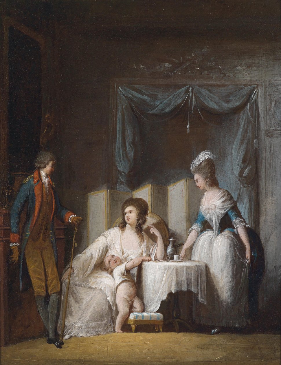 Mann avlegger uformelt morgenbesøk på kvinne som ennå ikke er formelt kledd for dagen. av Philibert Louis Debucourt