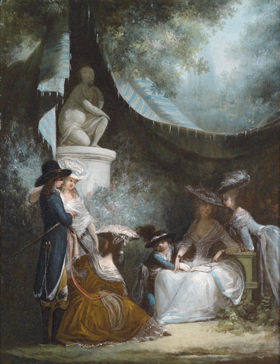 Utendørs scene av mann, gutt og kvinner kledd i ca. 1780 -tallets klesstiler av Philibert Louis Debucourt