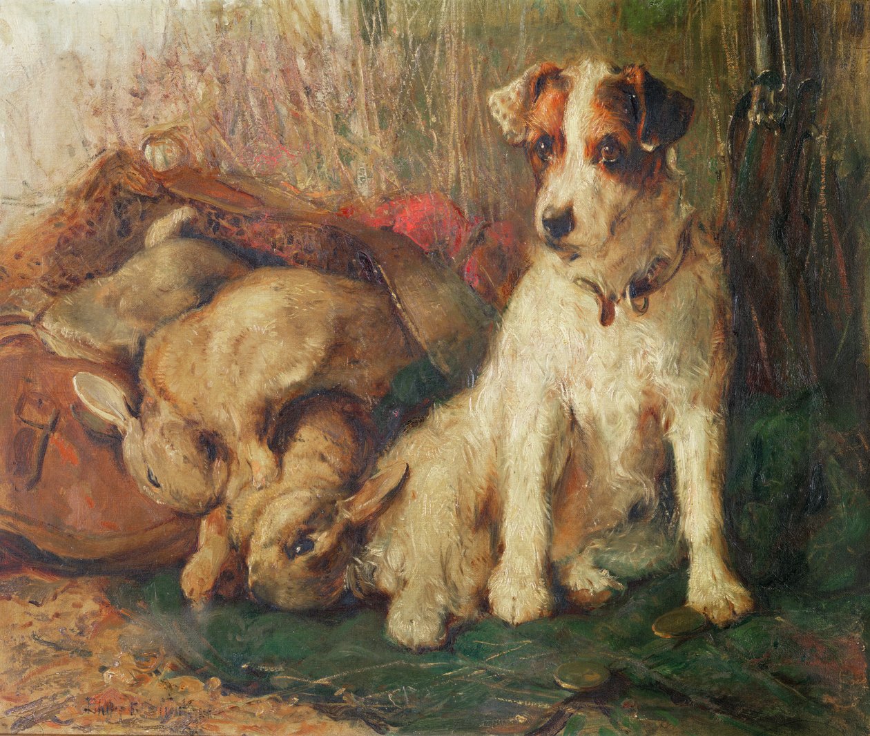 Left in Charge - En Fox Terrier med vilt av Philip Eustace Stretton