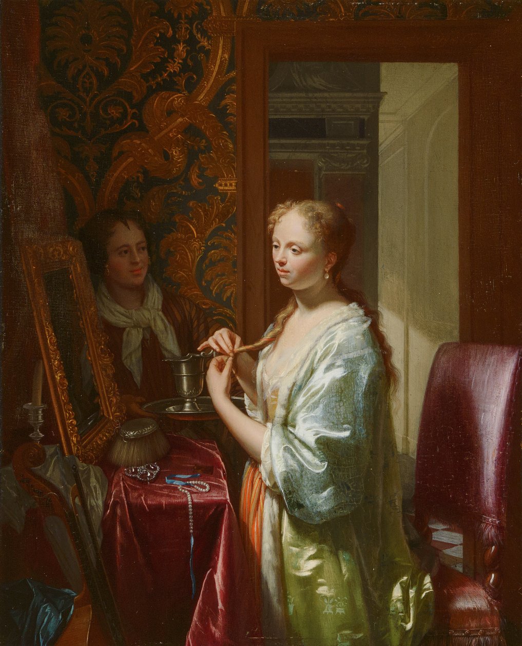 Dame ved hennes toalett, ca. 1720 av Philip van Dijk