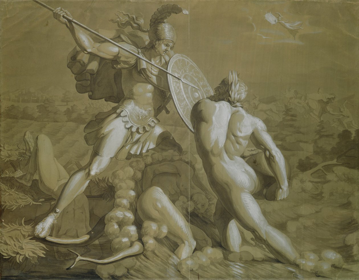 Akilleskamp med elven Scamander (brun og hvit vask over blyant på papir) av Philipp Otto Runge