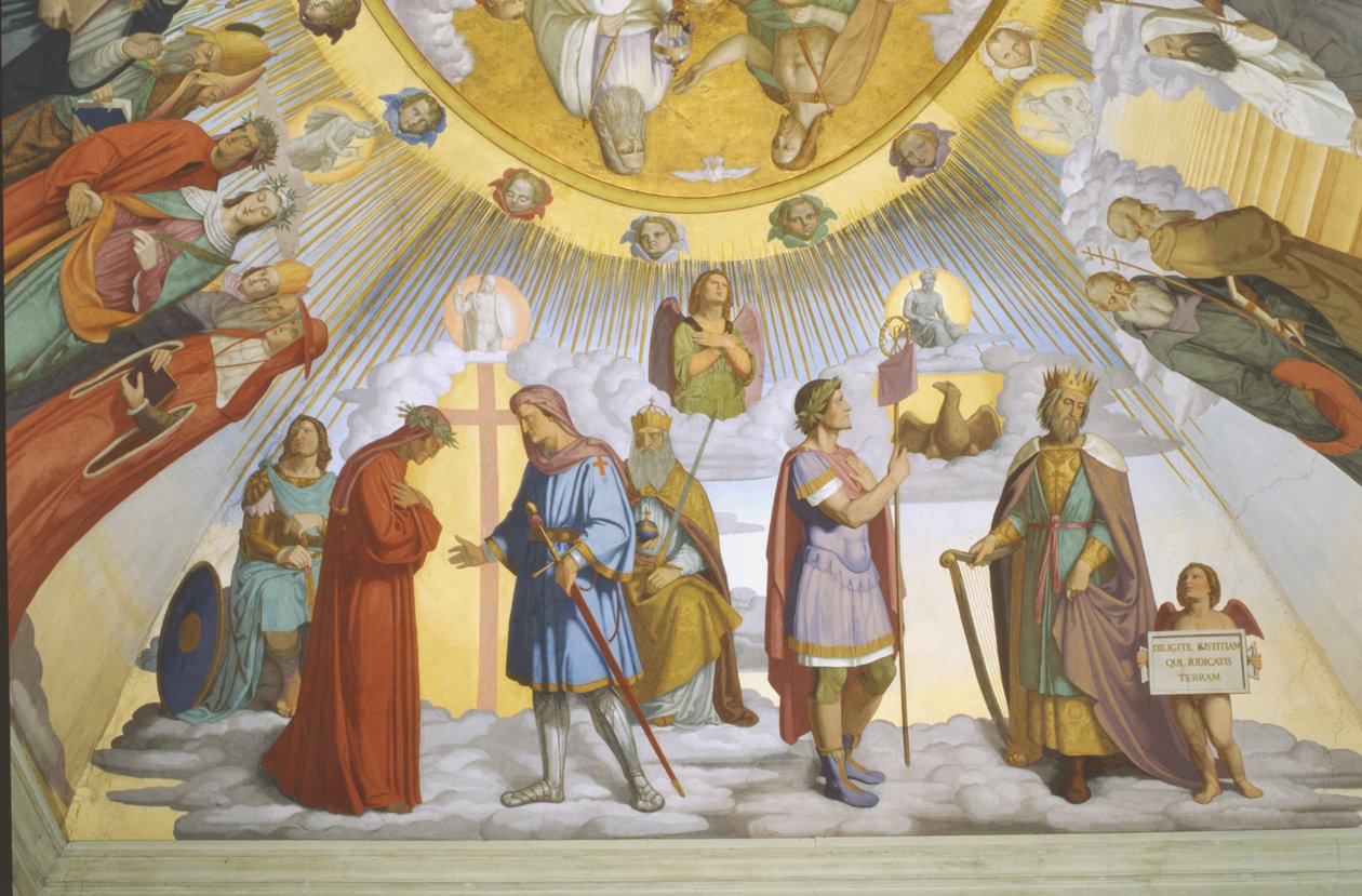 Hvelv av rommet til Dante, detalj: Dante, Beatrice, keiserinne Constance, Clarissa Piccarda Romeo fra Villanova og keiser Justinian av Philipp Veit