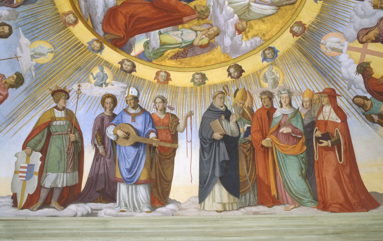 Hvelv av rommet til Dante, detalj: Dante, Beatrice, keiserinne Constance, Clarissa Piccarda Romeo fra Villanova og keiser Justinian av Philipp Veit