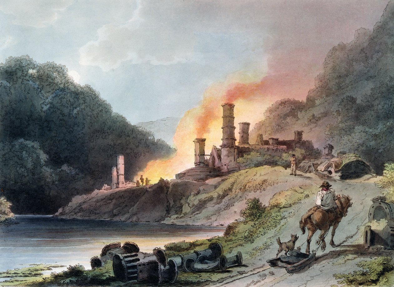 Iron Works, Coalbrookdale, gravert av William Pickett, ca. 1805 (farget akvatint) av Philippe Jacques de Loutherbourg
