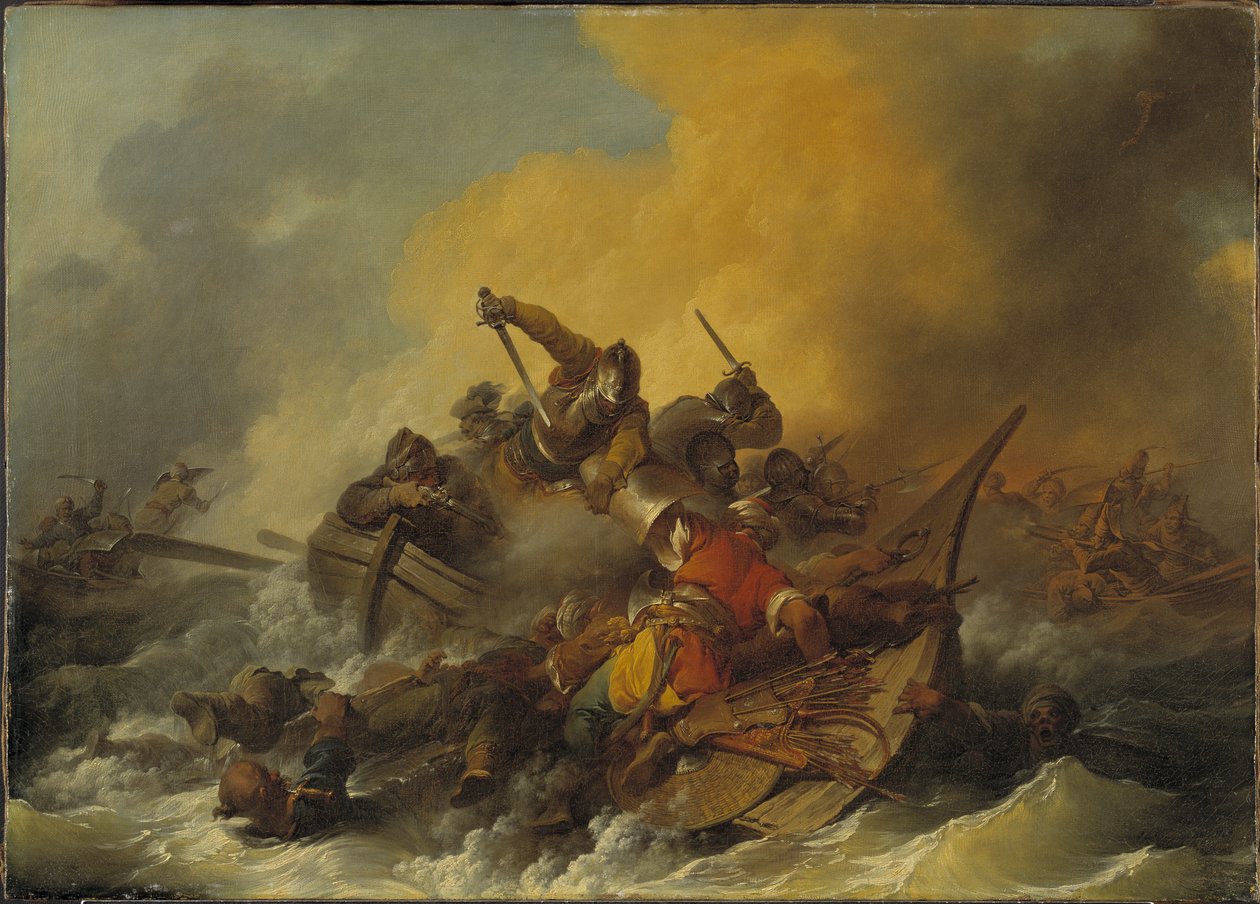 Slaget til sjøs mellom soldater og orientalske pirater, 1767 av Philippe Jacques de Loutherbourg