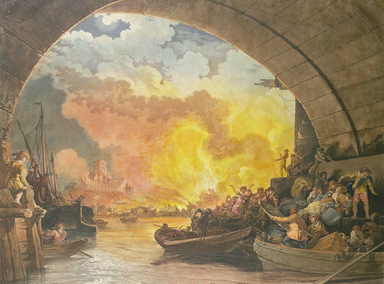 The Great Fire of London, 1799, gravert av J.C. Stadler (fl.1780-1812) (akvatint) av Philippe Jacques de Loutherbourg