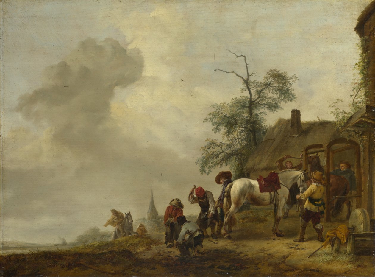 En hest blir skodd utenfor en landsbysmie av Philips Wouwerman