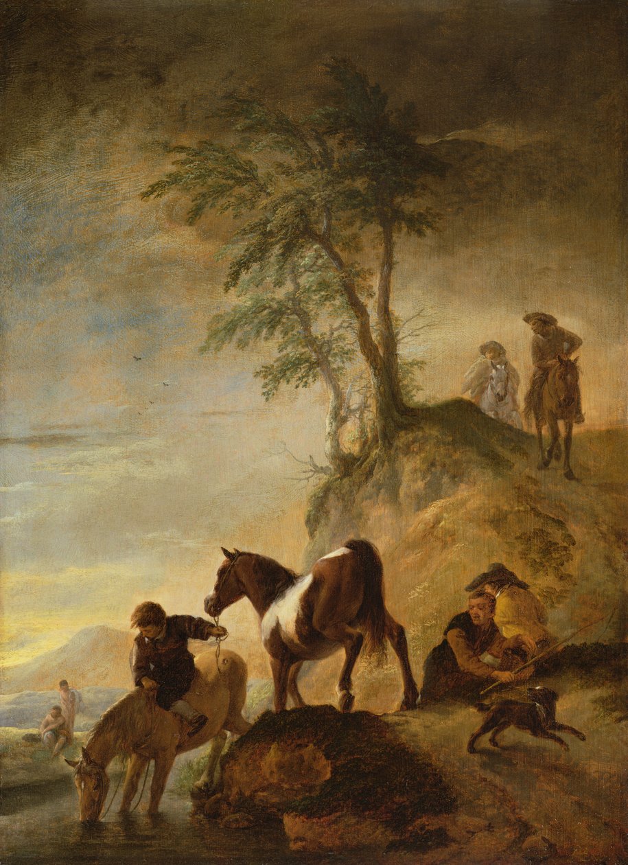 Ryttere som vanner hestene sine (panel) av Philips Wouwerman
