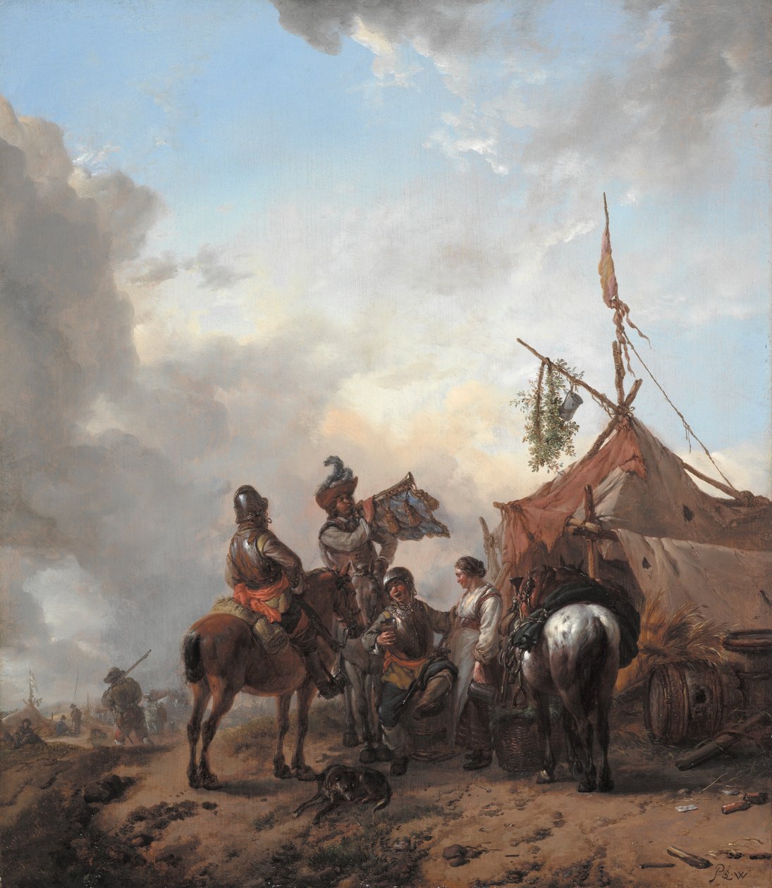 Soldater karuserer med en tjenestegjørende kvinne utenfor et telt, ca. 1655 (olje på eikepanel) av Philips Wouwerman