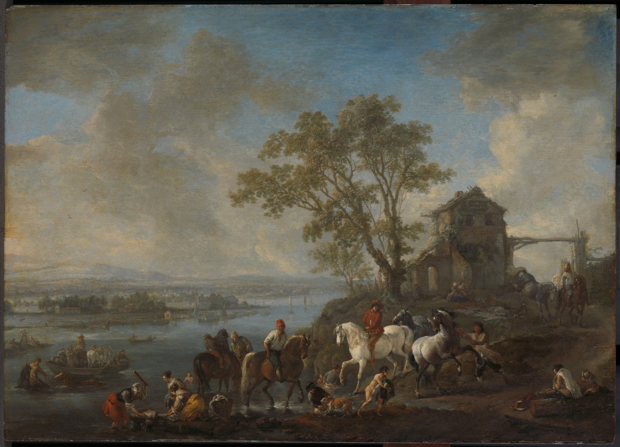 Hestedam ved en elv av Philips Wouwerman