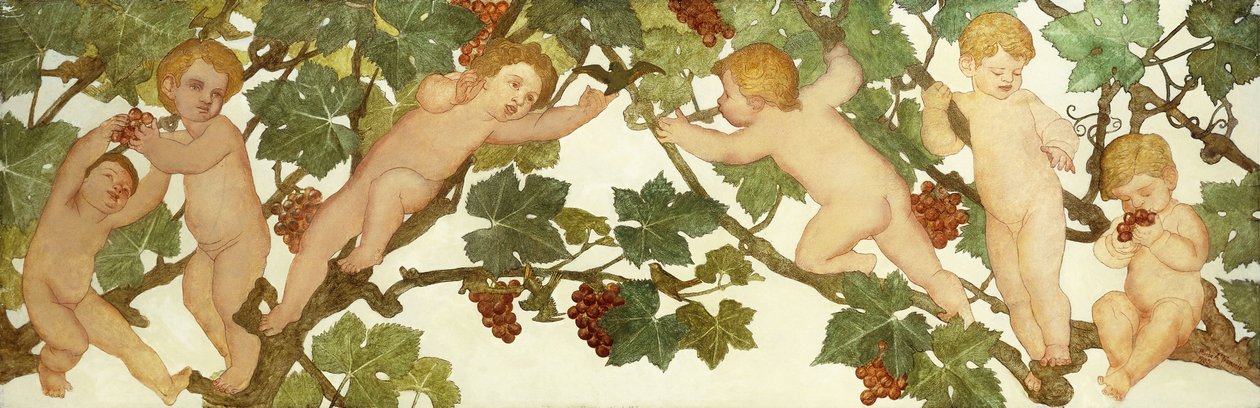 Putti boltrer seg i en vingård av Phoebe Anna Traquair