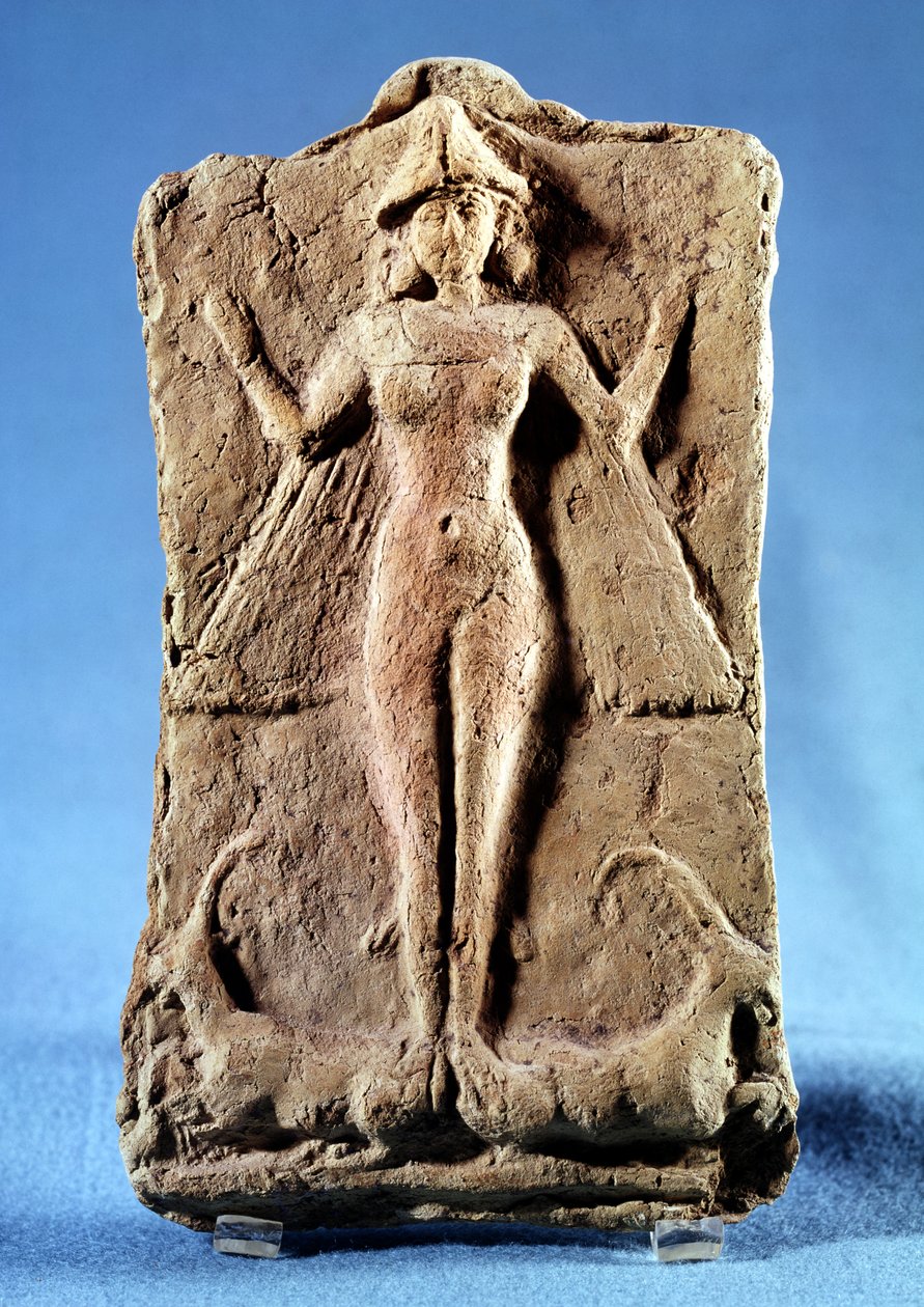 Plakett som viser en bevinget gudinne, muligens Ishtar, stående på to steinstein, fra Ras Shamra (Ugarit) 3. årtusen f.Kr. (terrakotta) av Phoenician