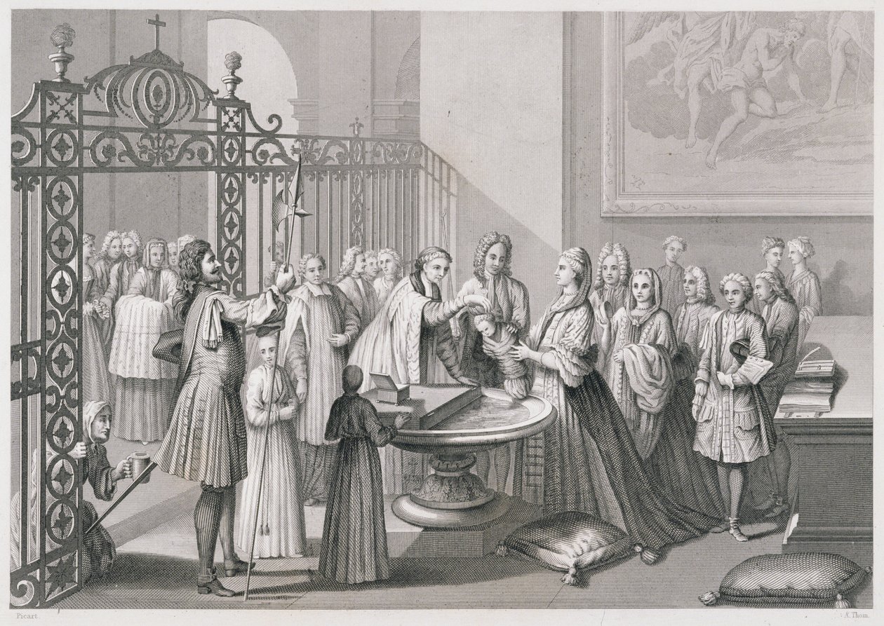 Dåp i henhold til Roma-kirken (på 1700-tallet), gravert av A. Thorn, fra 