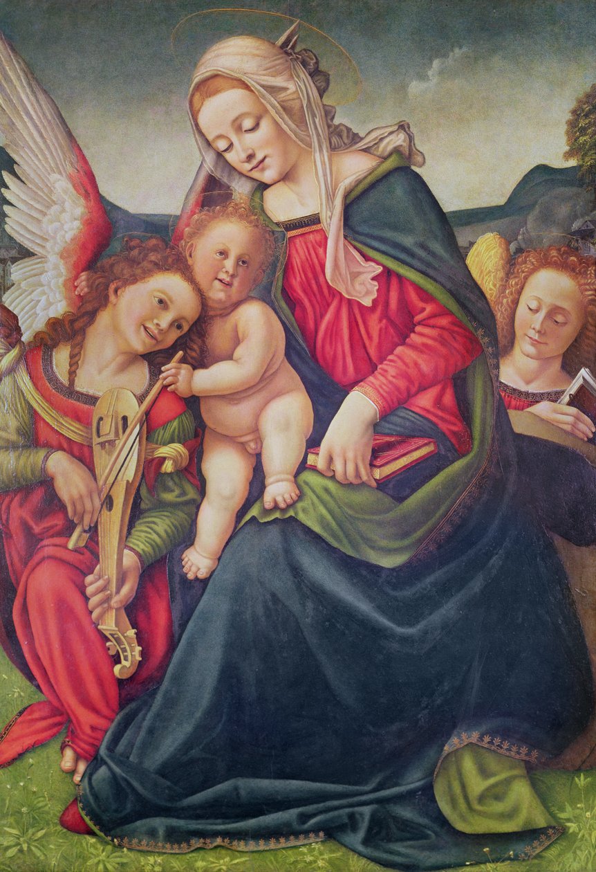 Jomfru og barn og englemusikere (olje på tre) av Piero di Cosimo