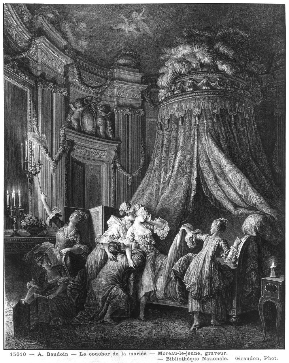 Brudens gå-til-sengs-seremoni, gravert fra Jean-Michel Moreau, sa den unge (1741-1814) av Pierre Antoine Baudouin