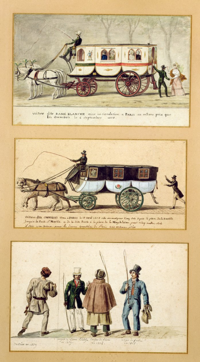 En Dame Blanche-vogn, en omnibus og sjåfører, 1815-30 av Pierre Antoine Lesueur