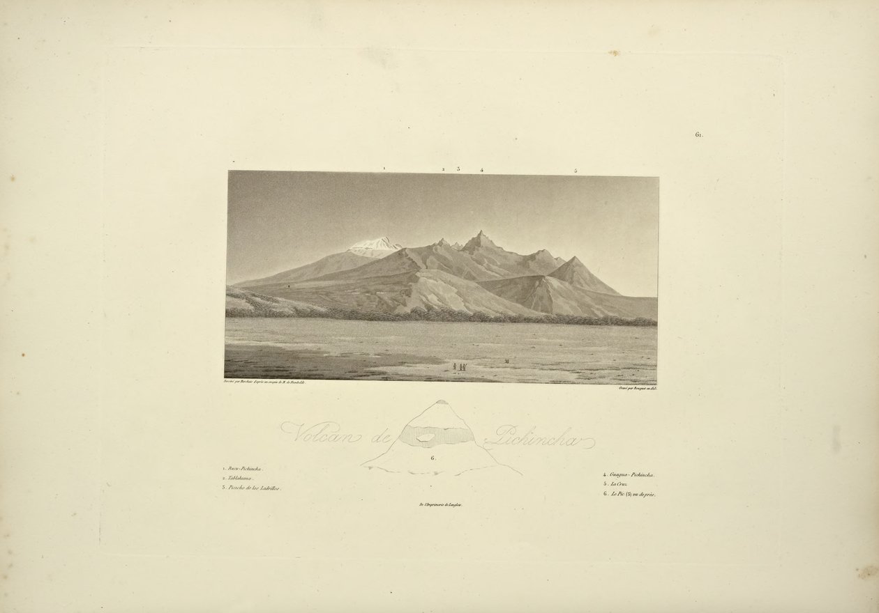 Volcanoes of Pichincha, gravert av Bouquet, illustrasjon fra "Views of the Cordilleras and Monuments of the Native Peoples of America" ​​av Alexander von Humboldt og Aime Bonpland, 1813 av Pierre Antoine Marchais