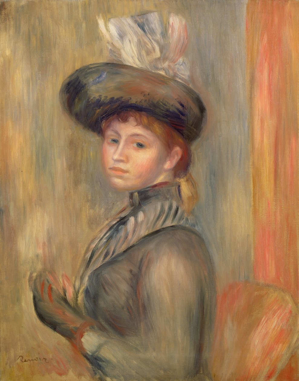 Jente i gråblått, tar på seg hansken, ca. 1889 av Pierre Auguste Renoir