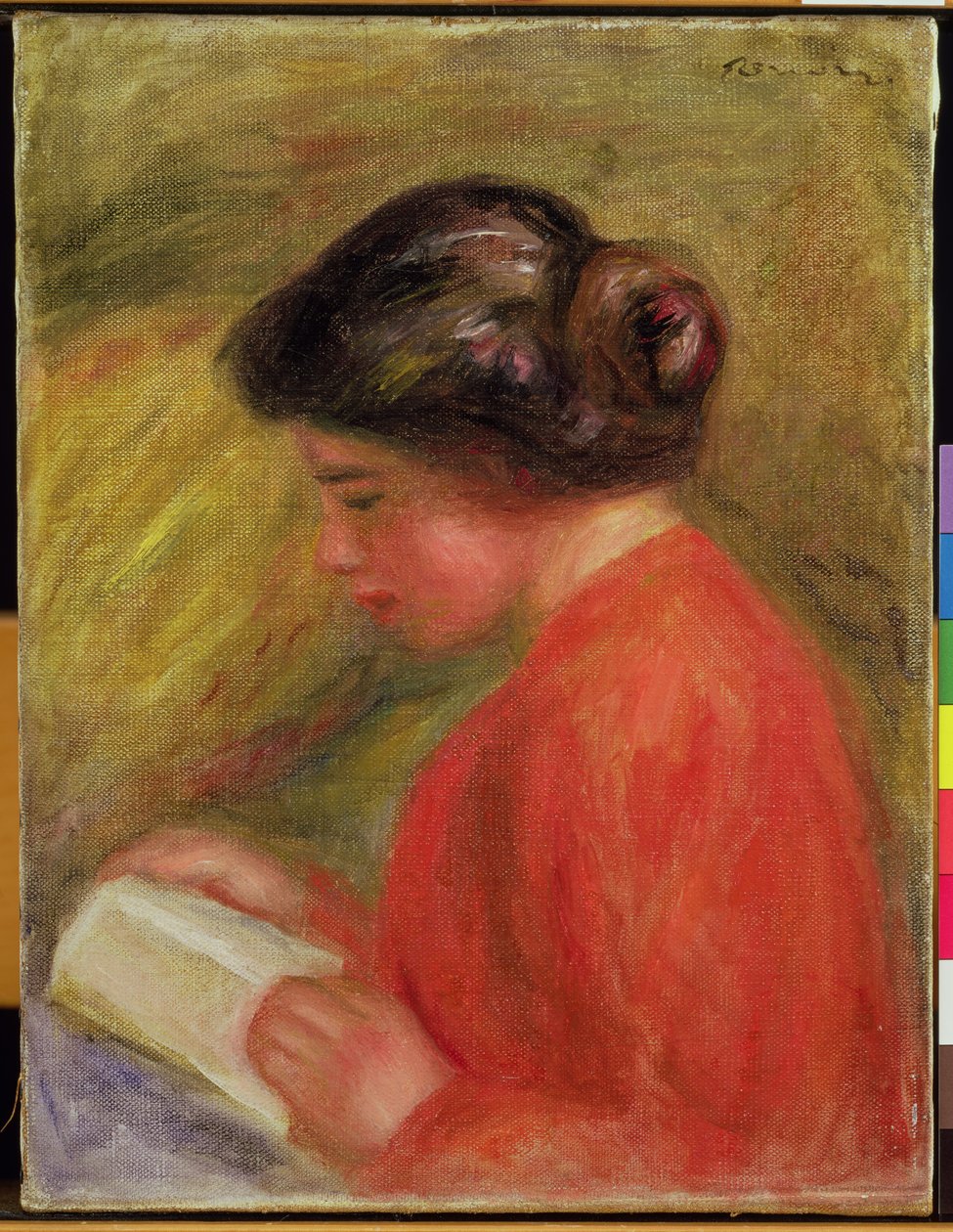 Jente i rødt lesing av Pierre Auguste Renoir