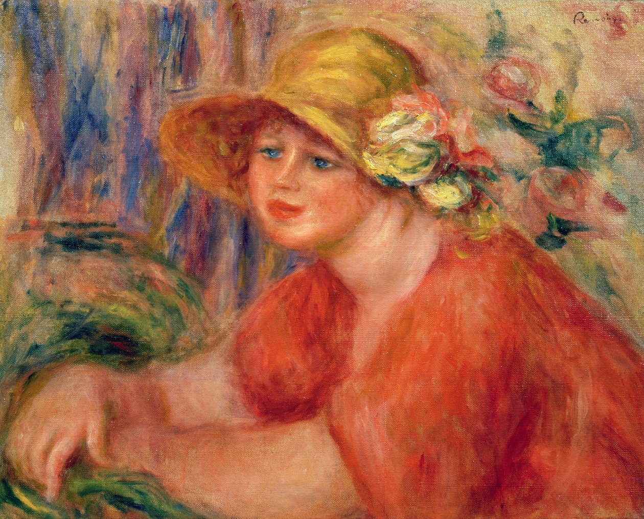Portrett av en kvinne i hatt dekorert med blomster av Pierre Auguste Renoir