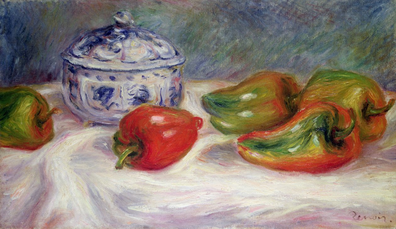 Stilleben med sukkerskål og rød paprika, ca. 1905 av Pierre Auguste Renoir