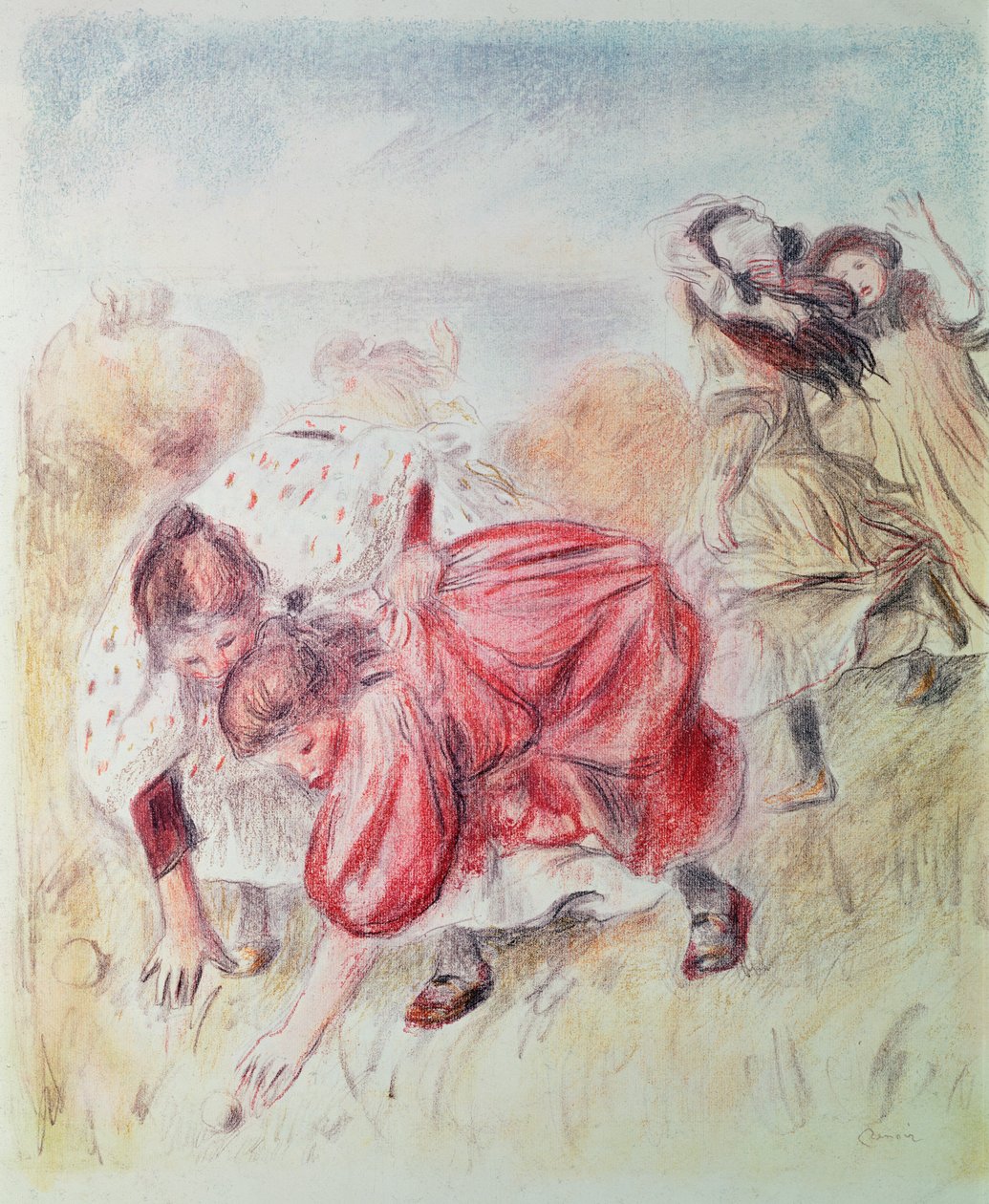 Unge jenter leker (farget blyant) av Pierre Auguste Renoir