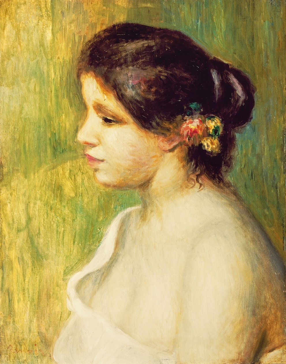 Ung kvinne med blomster ved øret, 1898 av Pierre Auguste Renoir