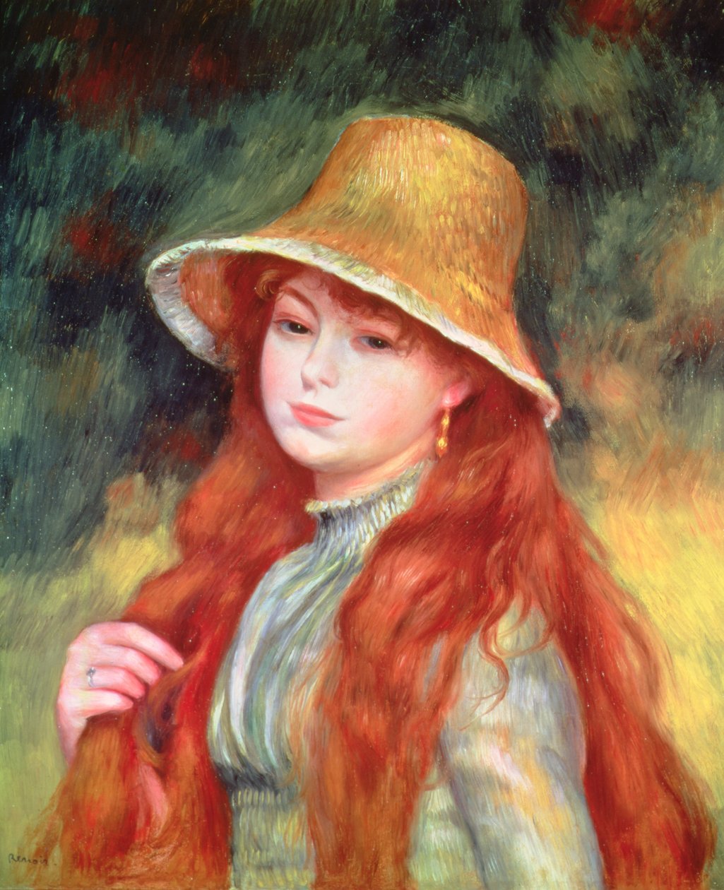 Ung jente med langt hår, eller Ung jente i stråhatt, 1884 av Pierre Auguste Renoir