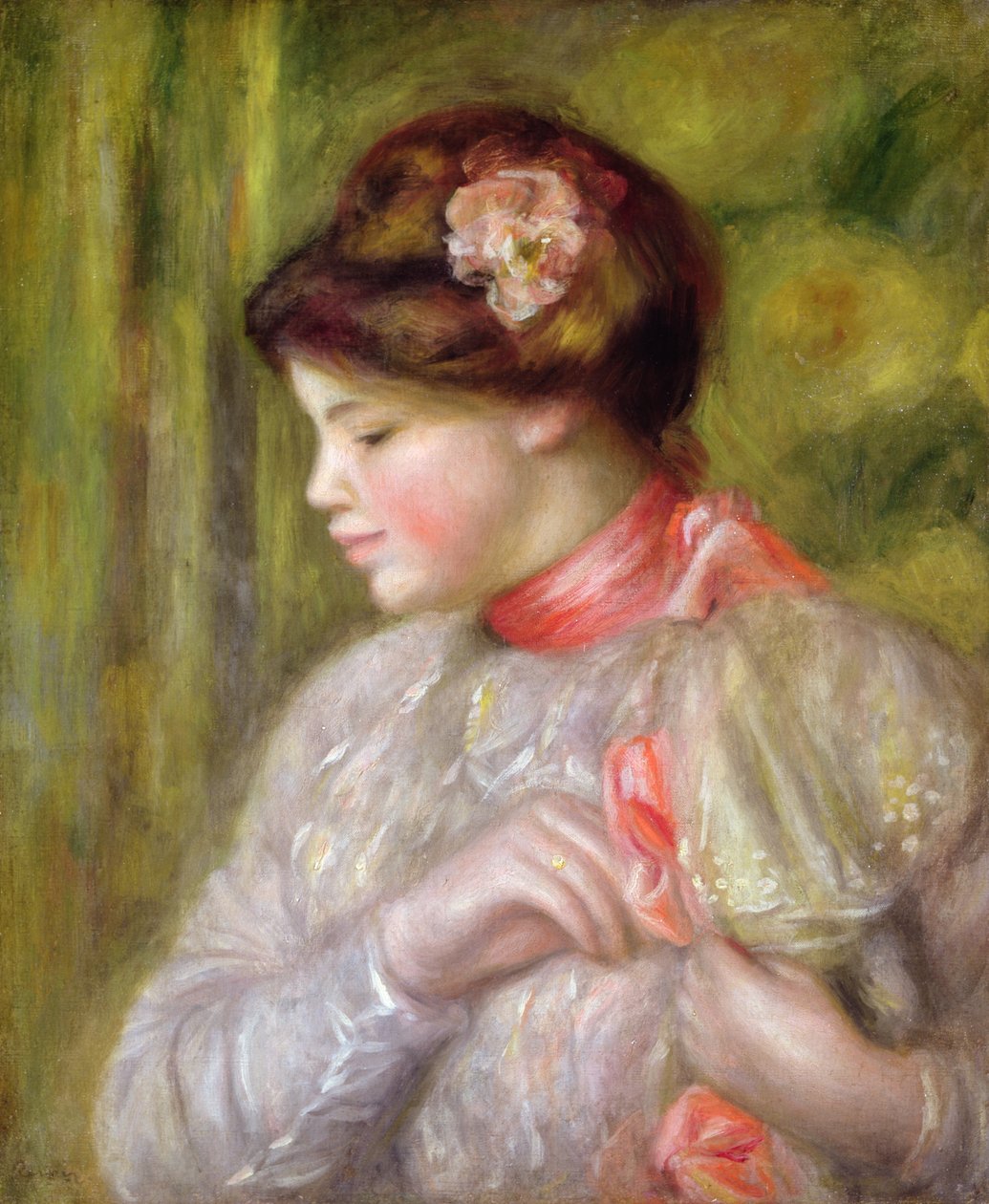 Ung kvinne justerer blusen, 1900 av Pierre Auguste Renoir