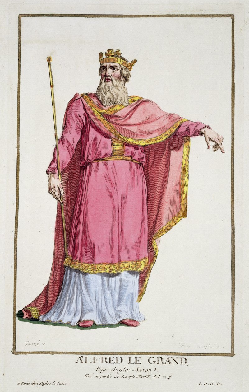 Alfred den store (849-99) fra 'Receuil des Estampes, representing the Ranks and the Dignites, ifølge Costume of all existende Nations', utgitt 1780 (håndfarget gravering) av Pierre Duflos