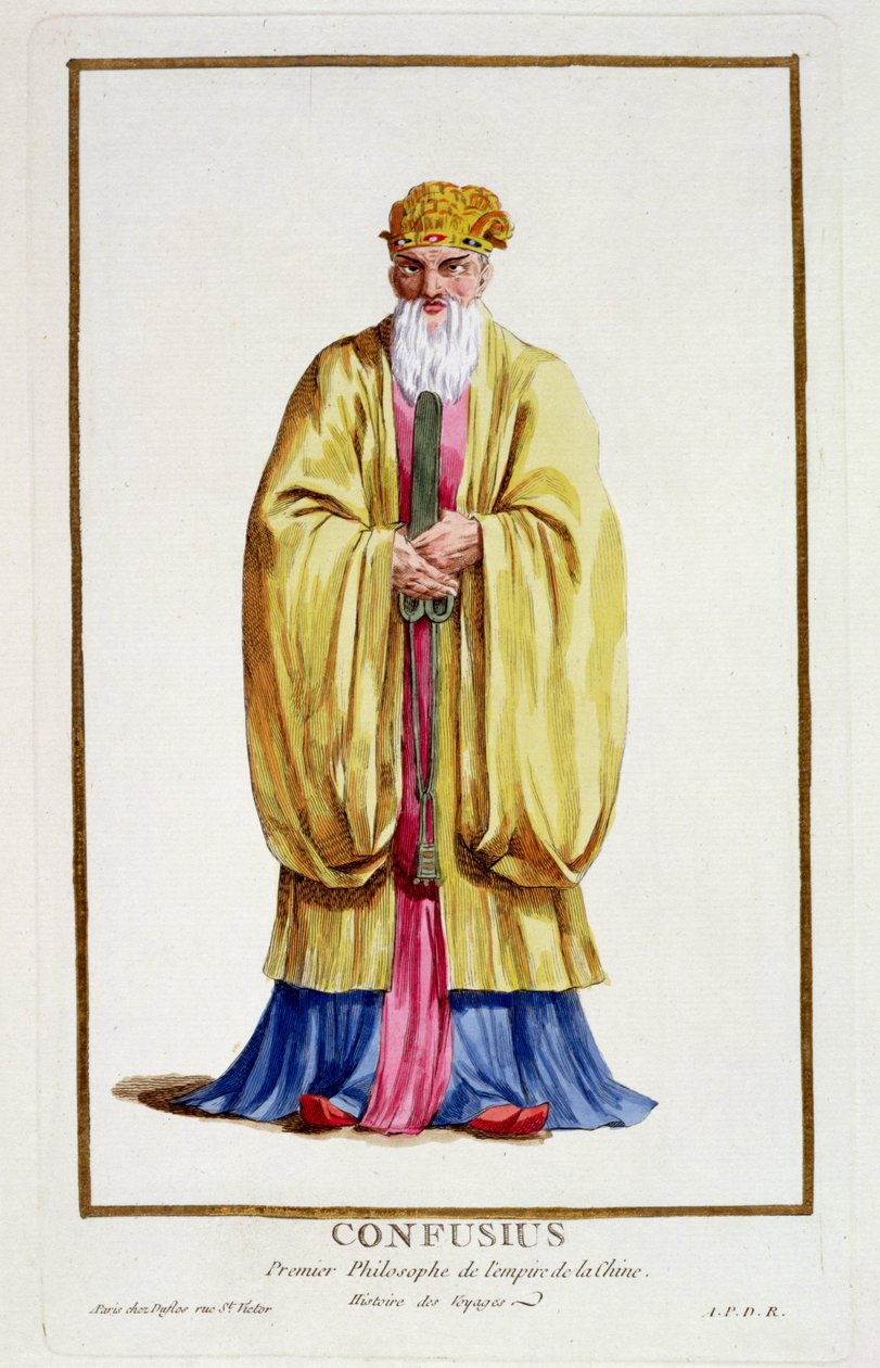 Confucius (551-479 f.Kr.), fra 'Receuil des Estampes, som representerer rangene og verdighetene, etter drakten til alle de eksisterende nasjonene', utgitt 1780 (håndfarget gravering) av Pierre Duflos