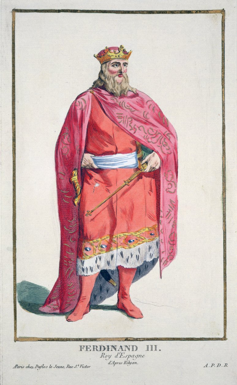 Ferdinand av Castilla y Leon (1217-52) fra 'Receuil des Estampes, Representant des Rangs et les Dignites, ifølge kostyme til alle eksisterende nasjoner', utgitt 1780 (håndfarget gravering) av Pierre Duflos
