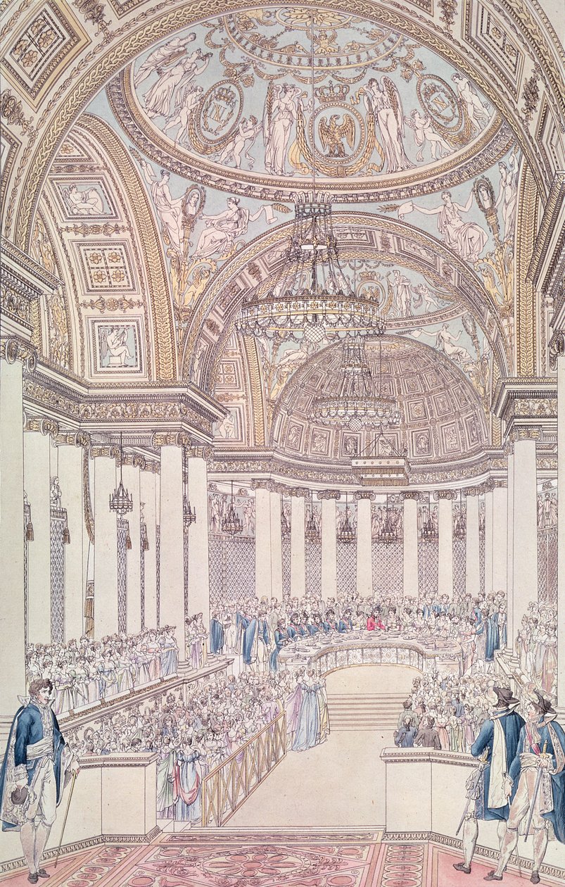 Keiserlig bankett i den store salongen til Tuileries-palasset i anledning ekteskapet til Napoleon I (1769-1821) og Marie-Louise (1791-1847) av Østerrike, 2. april 1810, gravert av Charles Norma av Pierre Francois Leonard Fontaine