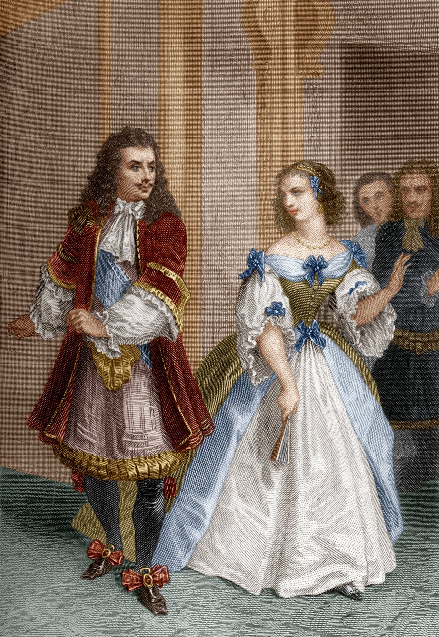 Karakterer fra Misantropen av Moliere: Alceste, Celimene, Eliante, Philinte, gravering av Delannoy, 1870 av Pierre Gustave Eugene 1817 82 after Staal