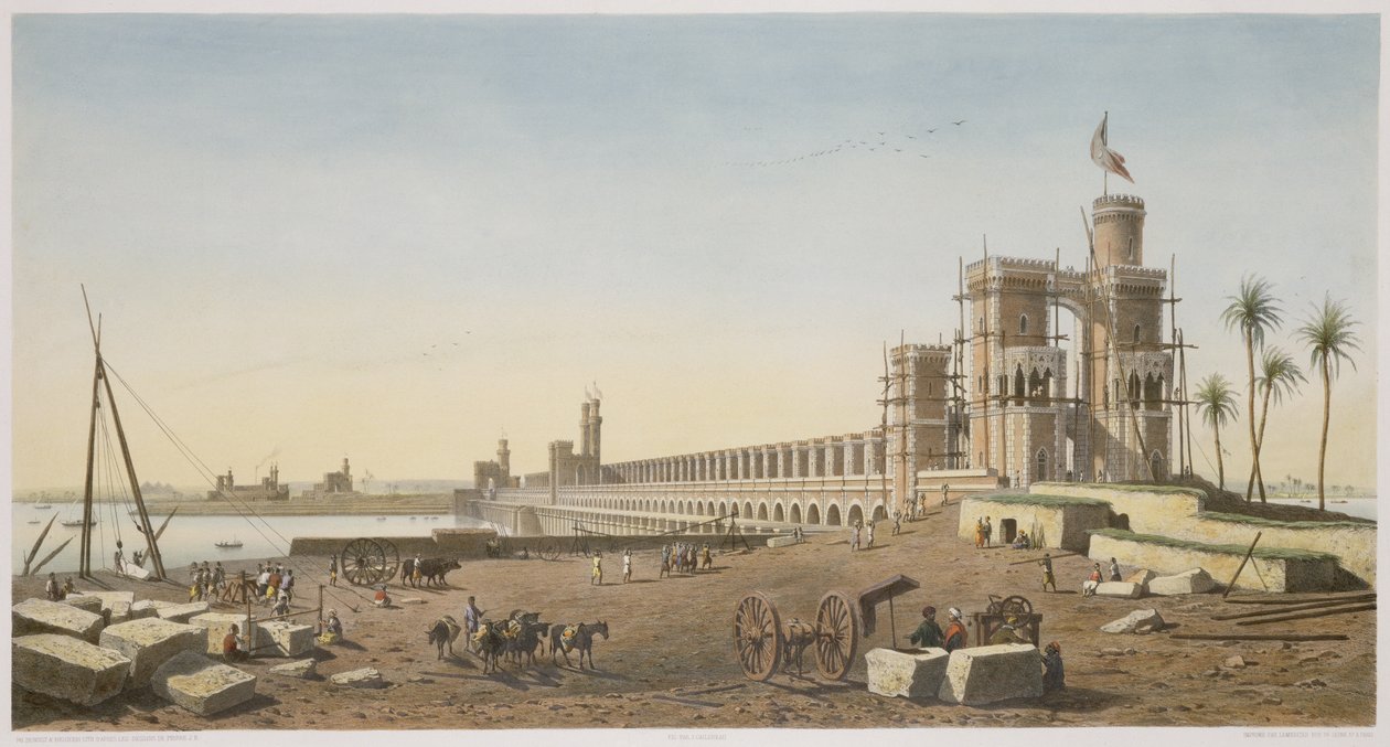 Demningen over Nilen, bygningen til Aswan-demningen, gravert av Philippe Benoist (1813-c.1905) og Eugene Ciceri (1813-90) 1853 av Pierre Joseph Bazin