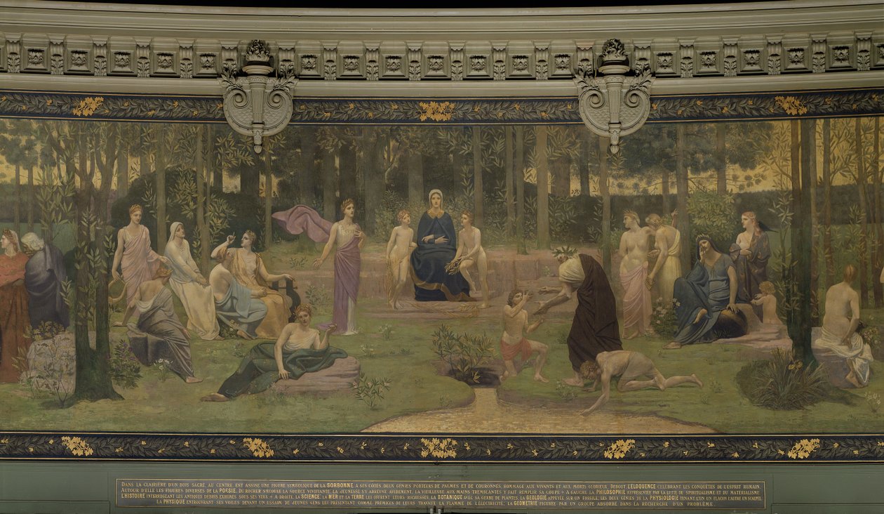 The Sacred Wood, allegorisk veggmaleri i Grand Amphitheatre, sentral detalj av Sorbonne, Eloquence, Poetry, the Life-Giving Source and Science, 1887-89 (detalj av 88480) av Pierre Puvis de Chavannes