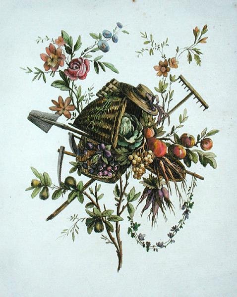 Et hagetekstildesign, fra "Work containing a Collection of Trophees, Attributes, Cartouches, Vases, Flowers, Ornaments, and Several Pleasant Designs to brodering Armchairs", gravert av Etienne Claude Voysard av Pierre Ranson