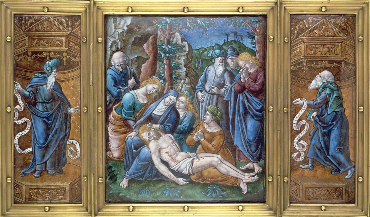 M.1-1926 Triptych: the Lamentation, Daniel and St. Peter, malt i Limoges, Frankrike, 1538 (emalje på kobber) av Pierre Raymond