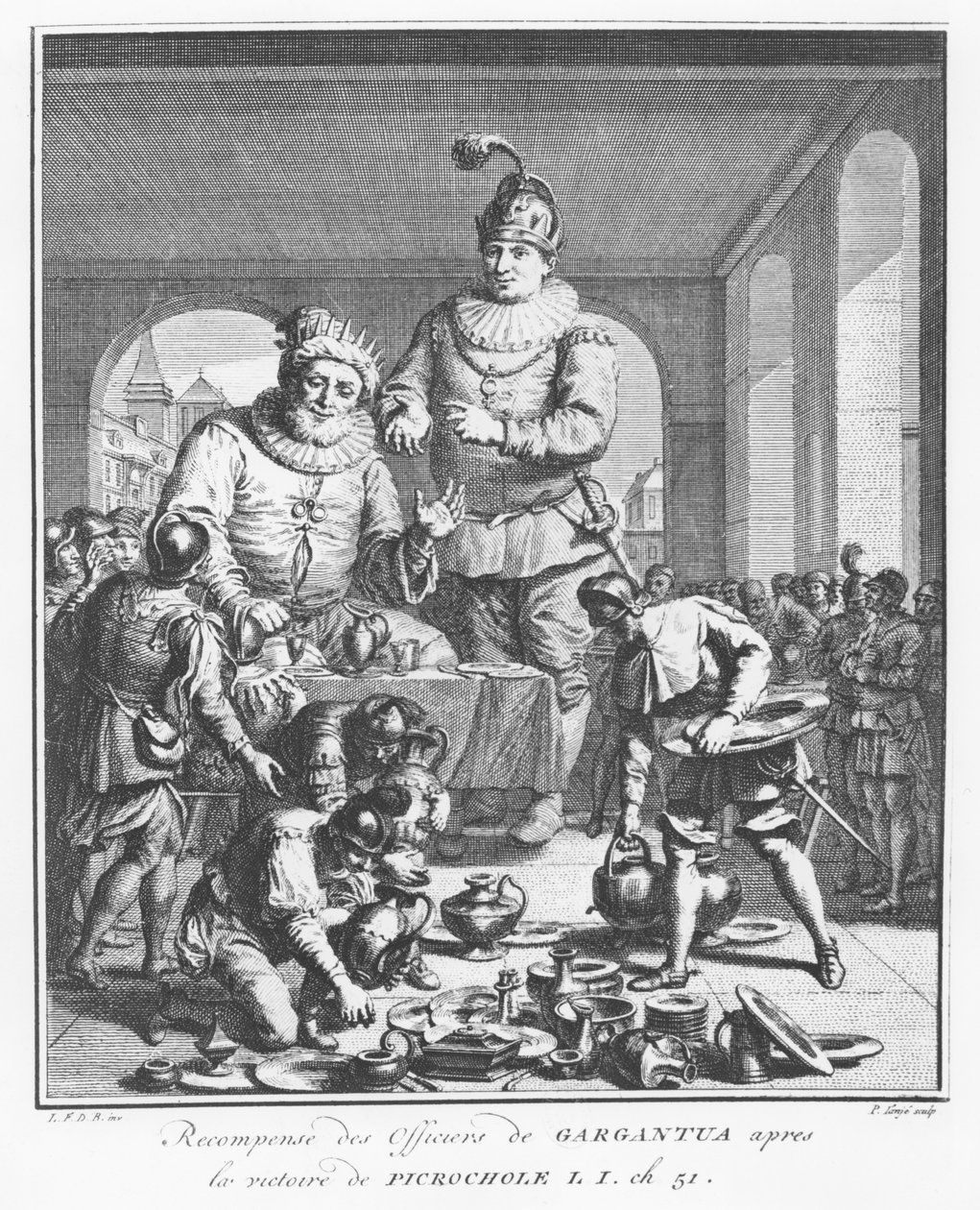 Gargantua belønner offiserer etter seieren til Picrochole, illustrasjon fra "The Life of Gargantua and Pantagruel", av François Rabelais av Pierre Tanje