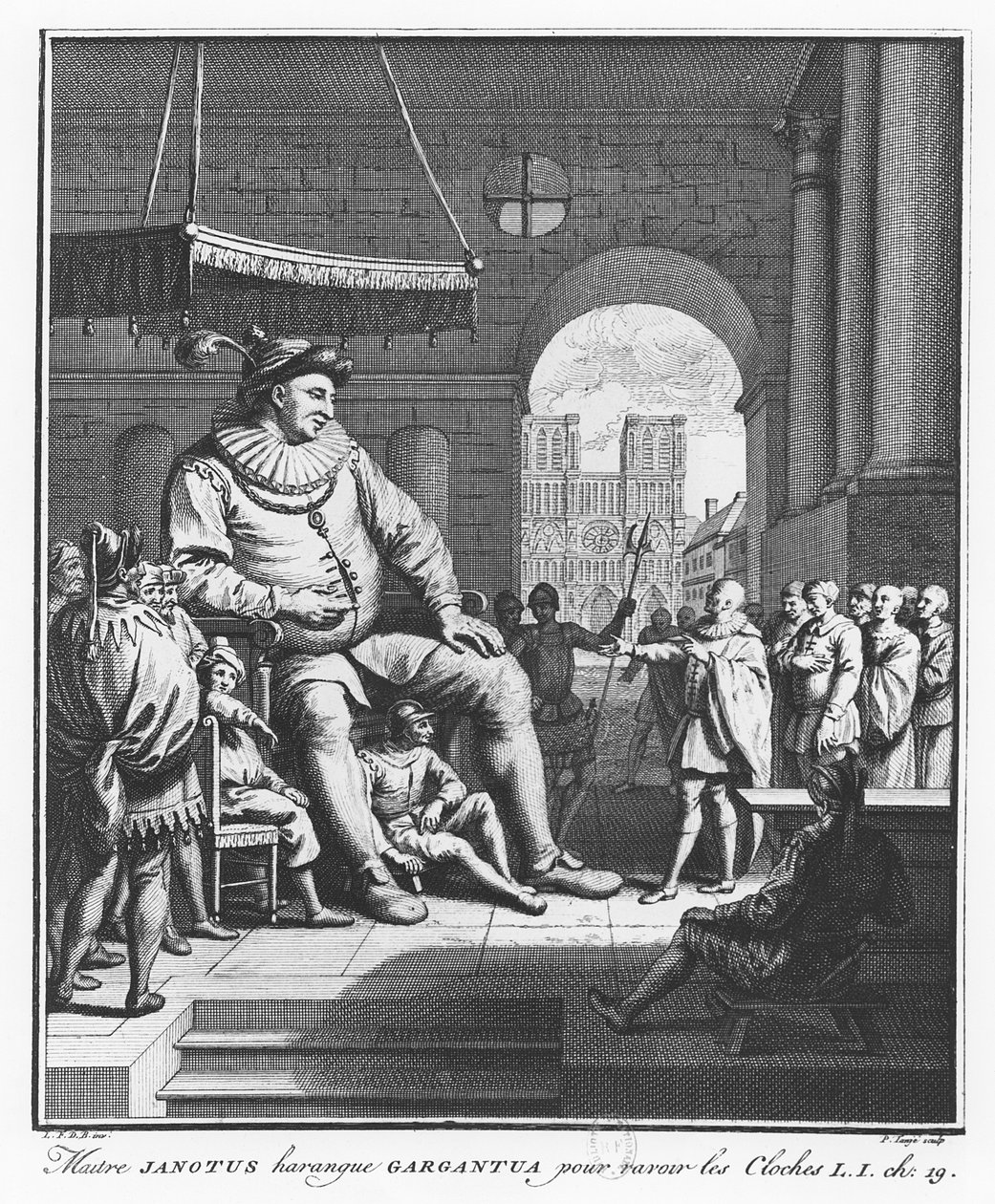 Mester Janotus harrangerer Gargantua for å gi tilbake klokkene, illustrasjon fra "The Life of Gargantua and Pantagruel", av François Rabelais av Pierre Tanje