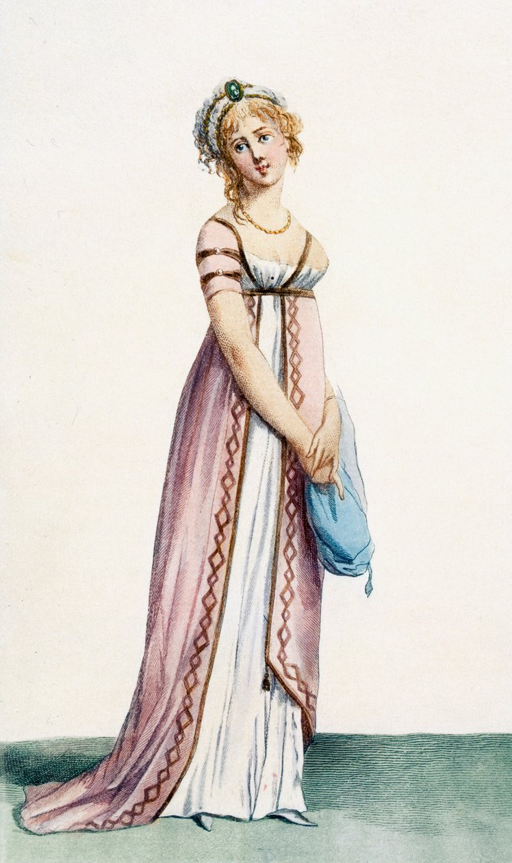 En enkelt designet dameballkjole, illustrasjon fra 'Journal des Dames et des Modes', 1799 av Pierre de La Mesangere