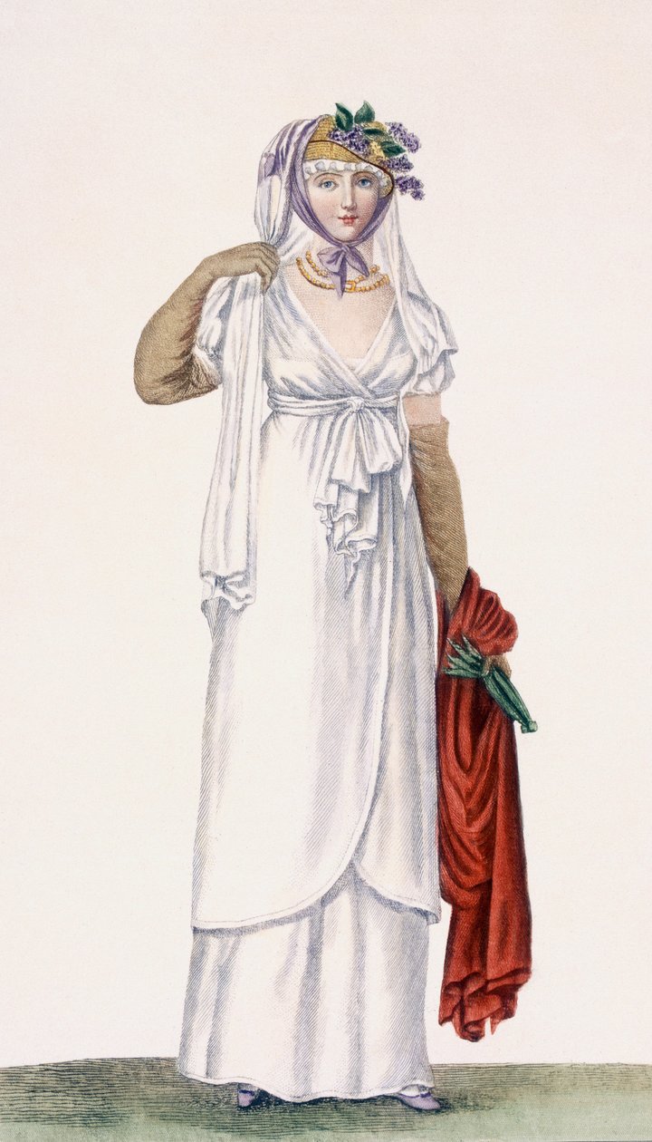 Dames gåkjole i myk stil, 1805 88: En dames gåkjole i myk stil; 99:kvinne; tradisjonelle kostymer; tradisjonell kjole; mote; c19.; hvit kjole; rødt sjal; slør; hatt; y av Pierre de La Mesangere