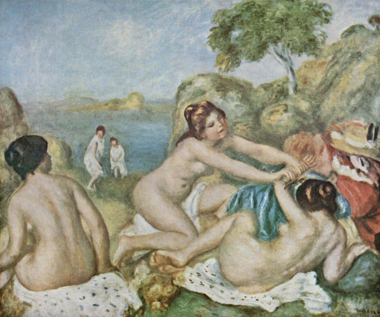 Tre jenter som bader med krabber av Pierre Auguste Renoir