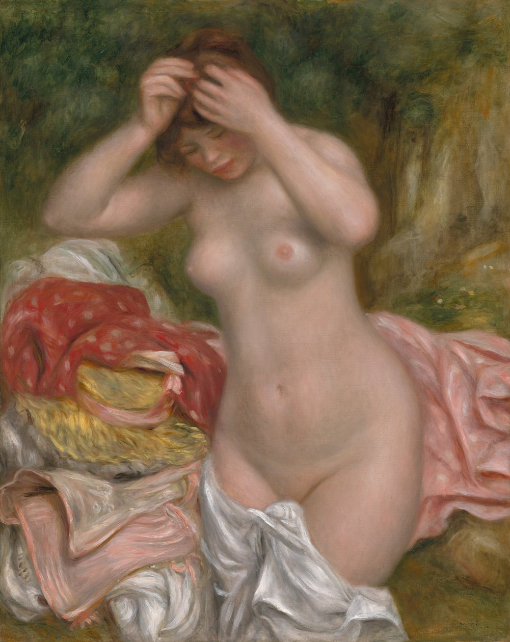 Bather ordner håret hennes, 1893. av Pierre Auguste Renoir