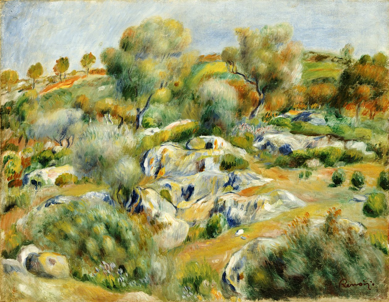 Bretagnelandskap med trær og steiner av Pierre Auguste Renoir