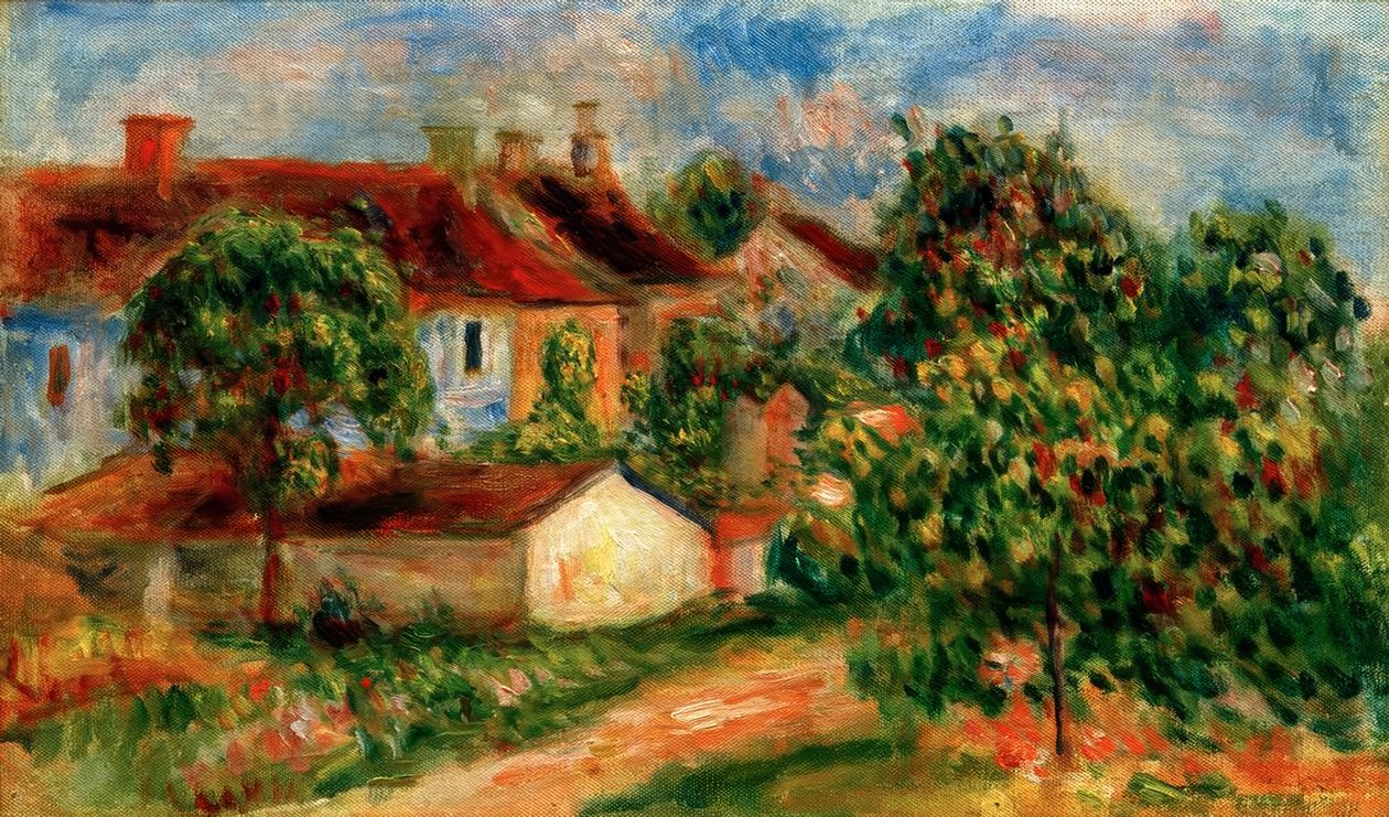 Landsbyhus, røde tak av Pierre Auguste Renoir