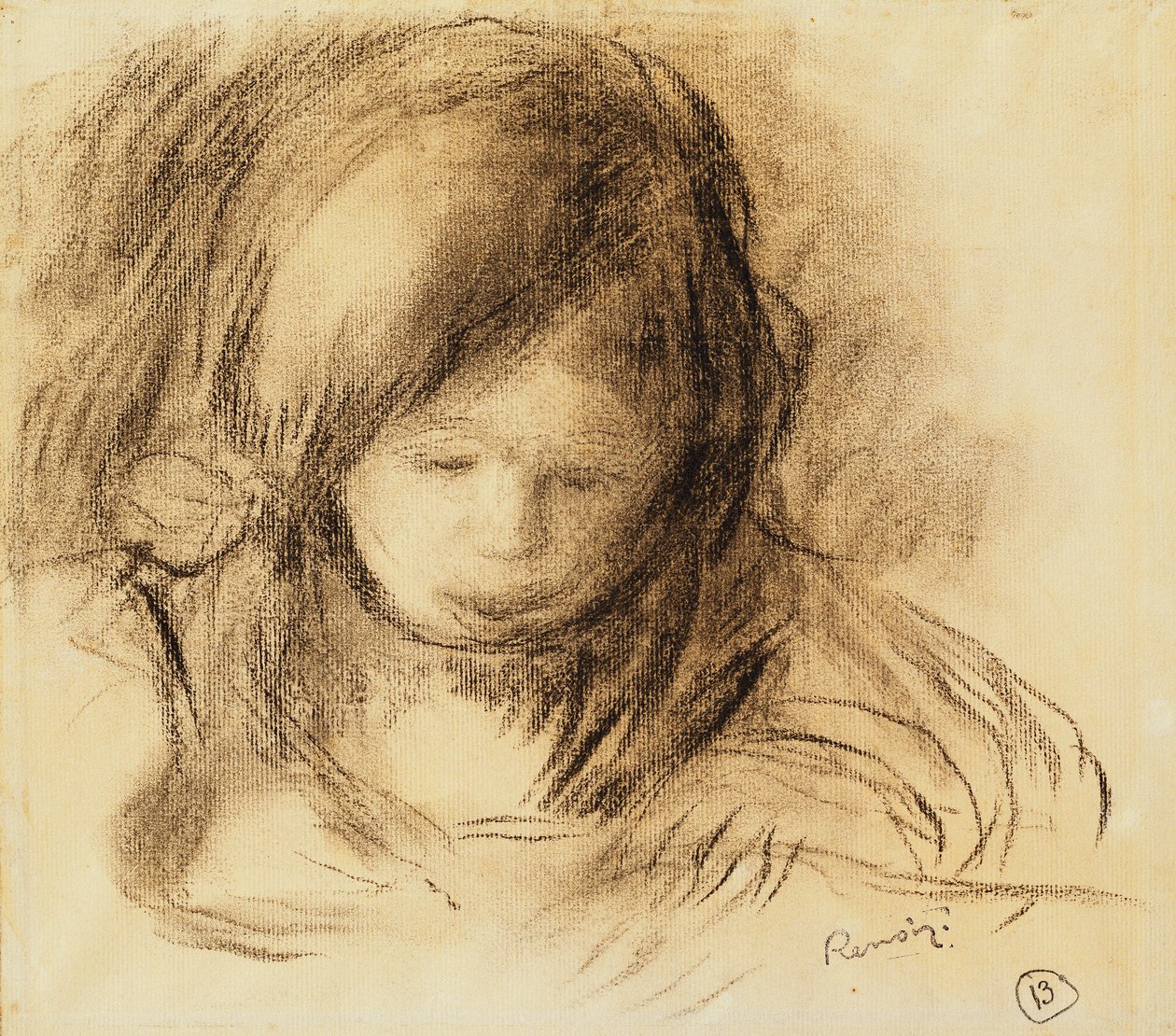 Miniforfatter; Coco skriving, av Pierre Auguste Renoir